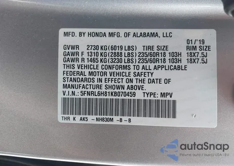 2019 Honda Odyssey Touring из США, поврежденный, VIN 5FNRL6H81KB070459